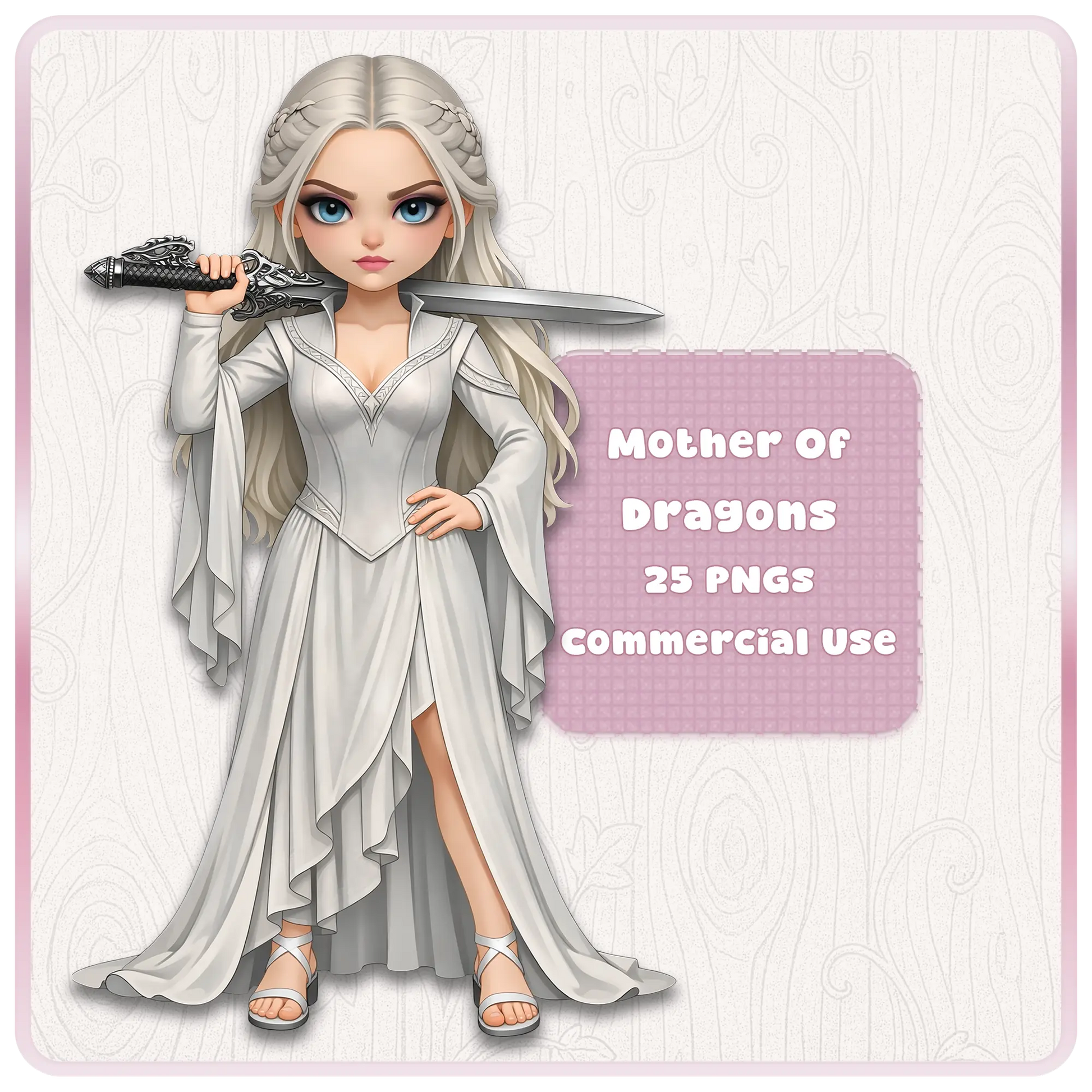 Mother of dragons fantasy woman clipart, silver hair warrior holding sword, elegant medieval queen PNG for commercial use