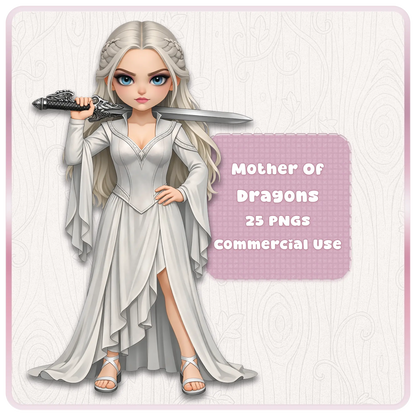 Mother of dragons fantasy woman clipart, silver hair warrior holding sword, elegant medieval queen PNG for commercial use