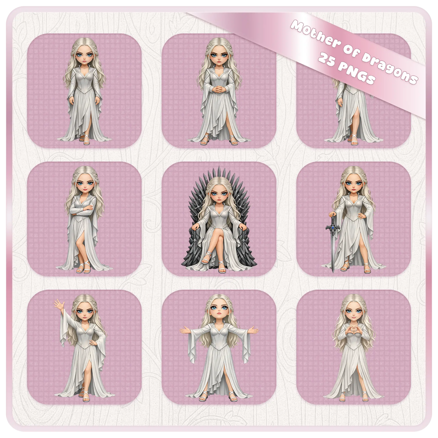 Mother of dragons clipart bundle with multiple poses, silver hair fantasy queen in flowing dress, medieval character PNG set