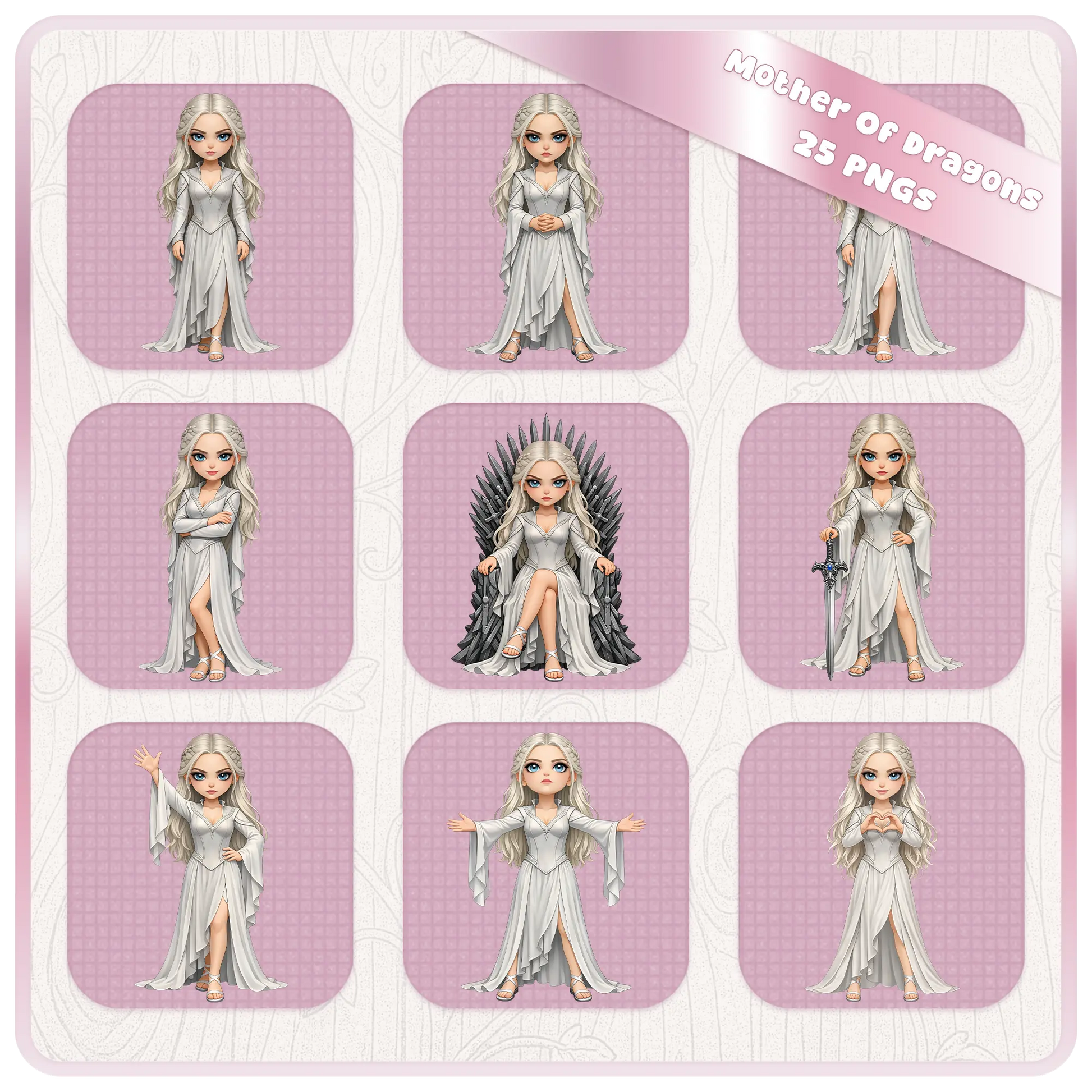 Mother of dragons clipart bundle with multiple poses, silver hair fantasy queen in flowing dress, medieval character PNG set