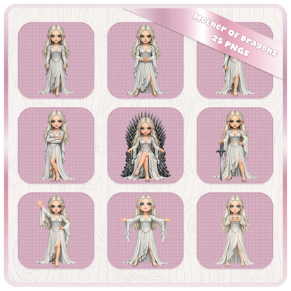 Mother of dragons clipart bundle with multiple poses, silver hair fantasy queen in flowing dress, medieval character PNG set