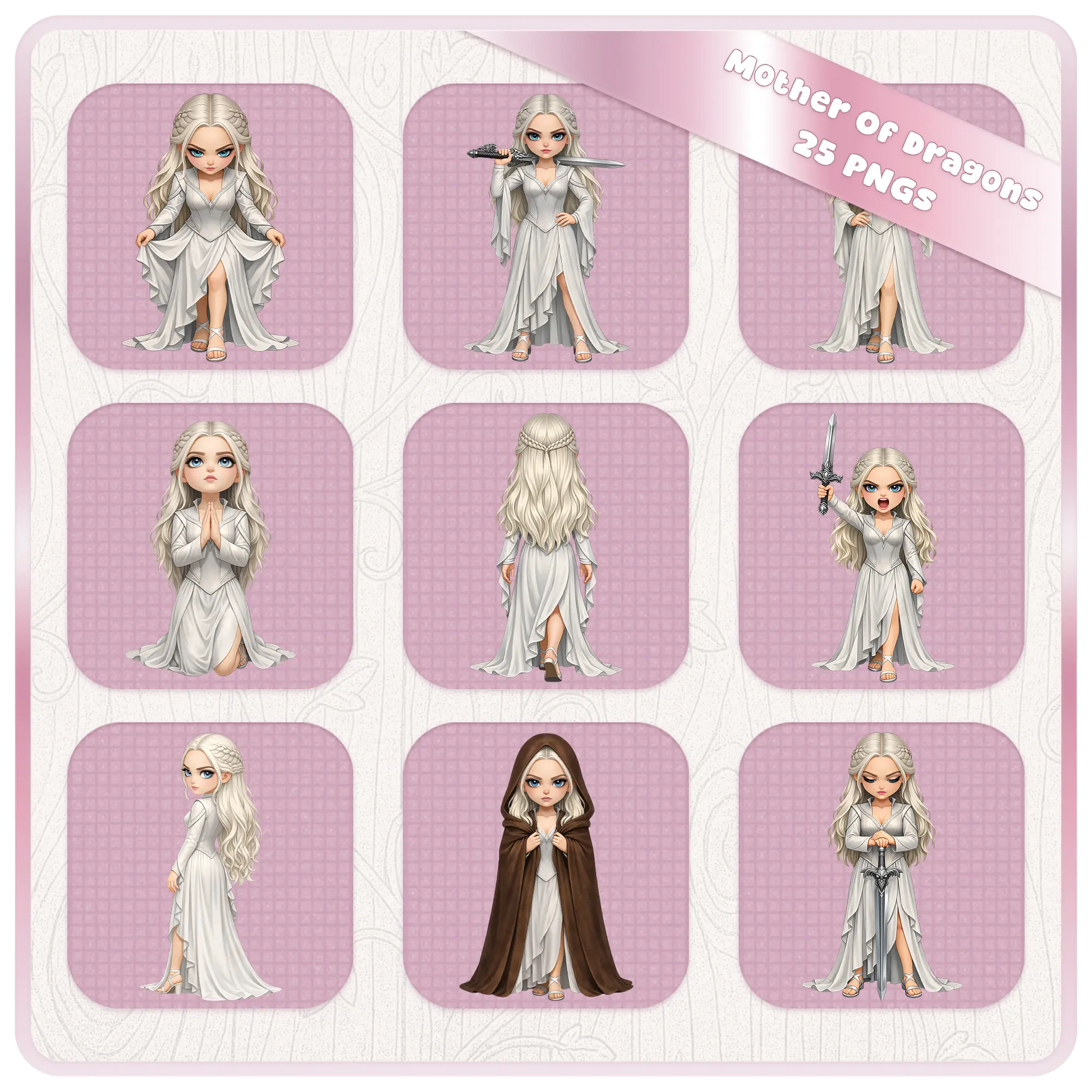 Fantasy mother of dragons PNG collection with warrior poses, silver hair queen with sword, medieval woman clipart bundle