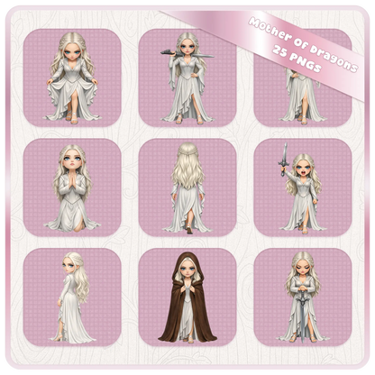 Fantasy mother of dragons PNG collection with warrior poses, silver hair queen with sword, medieval woman clipart bundle