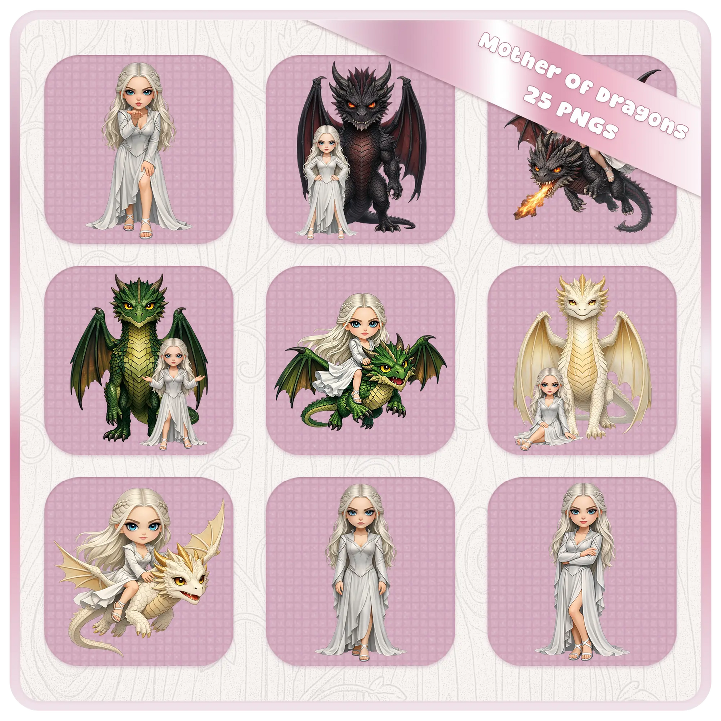 Mother of dragons clipart set with dragons, fantasy queen with white dress and mythical creatures, dragon rider PNG collection