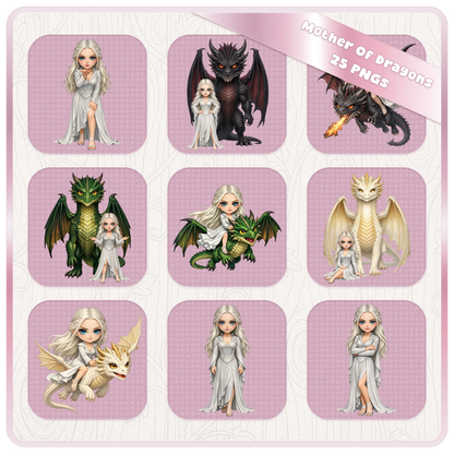 Mother of dragons clipart set with dragons, fantasy queen with white dress and mythical creatures, dragon rider PNG collection
