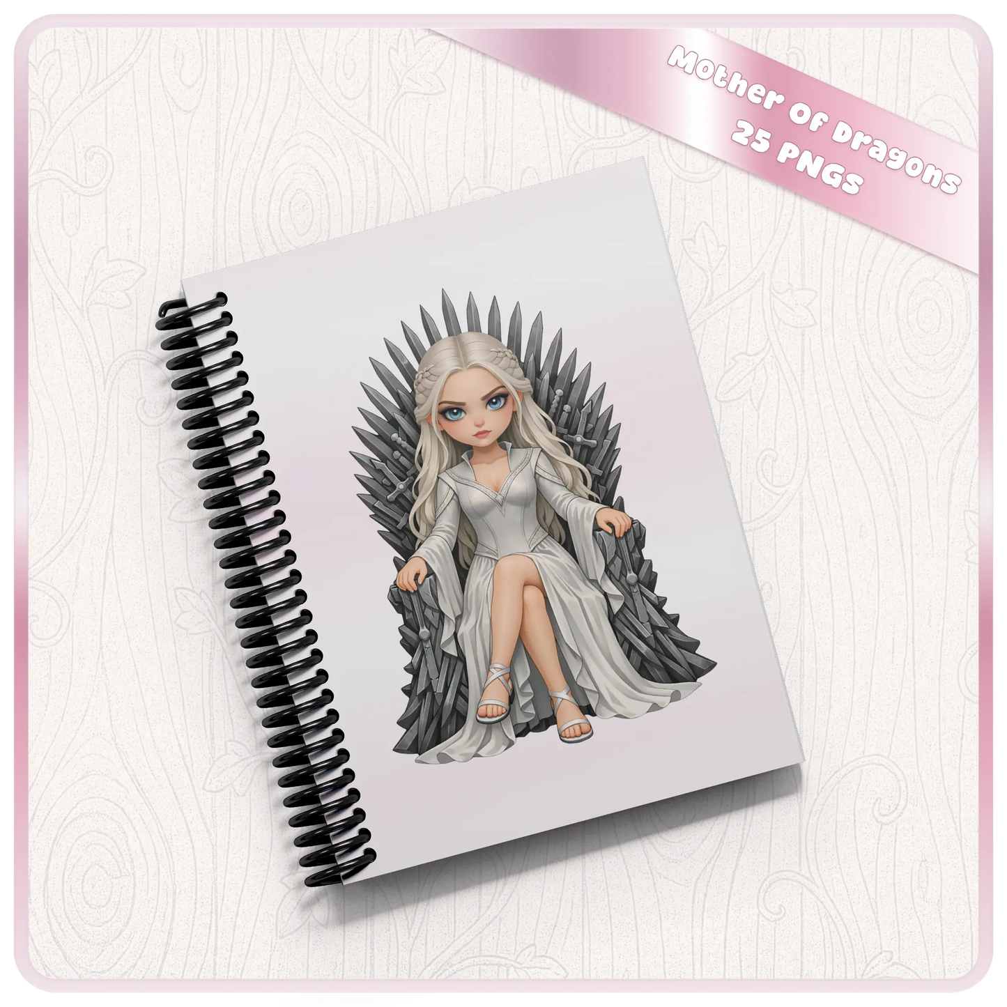 Mother of dragons illustration on spiral notebook cover, fantasy queen sitting on throne, medieval dragon queen aesthetic design
