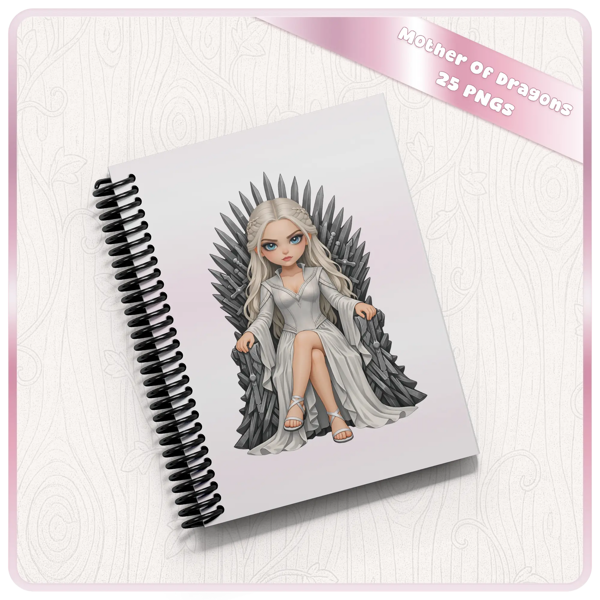Mother of dragons illustration on spiral notebook cover, fantasy queen sitting on throne, medieval dragon queen aesthetic design