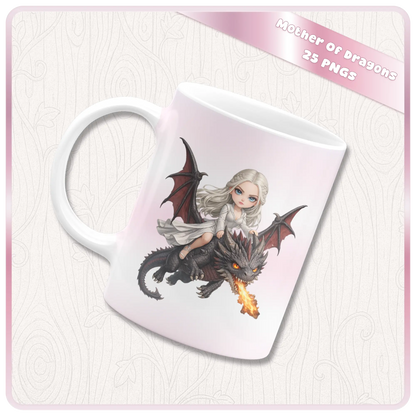 Mother of dragons mug mockup with dragon rider illustration, fantasy queen riding fire breathing dragon, printable gift design PNG