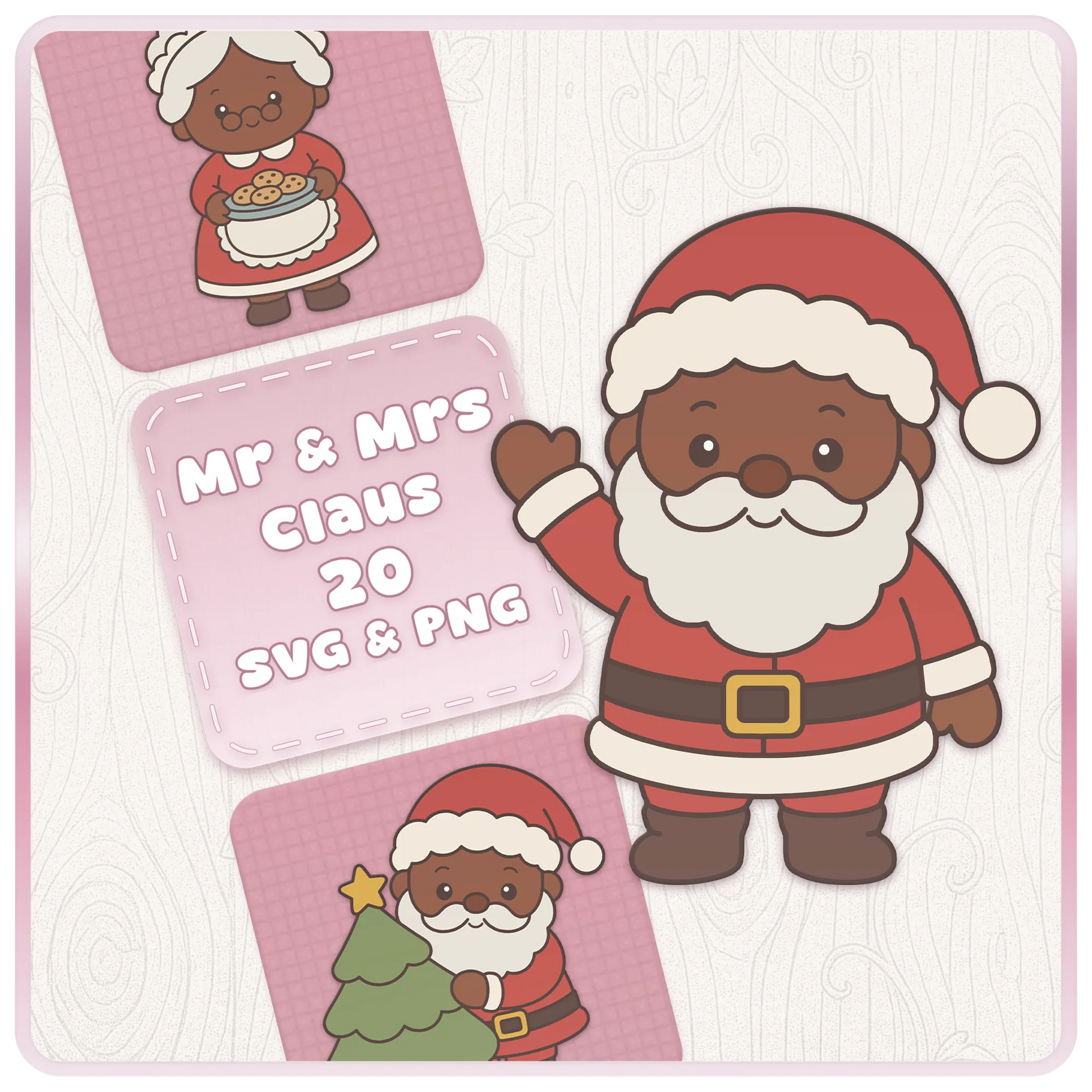 Mr and Mrs Santa Claus SVG and PNG Christmas clipart bundle with cute brown skin Santa character, Mrs Claus with cookies and Santa holding a Christmas tree.