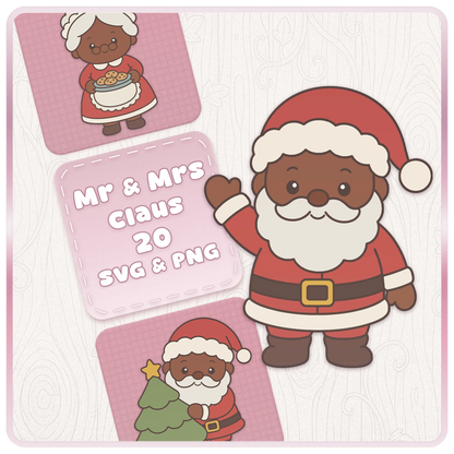 Mr and Mrs Santa Claus SVG and PNG Christmas clipart bundle with cute brown skin Santa character, Mrs Claus with cookies and Santa holding a Christmas tree.