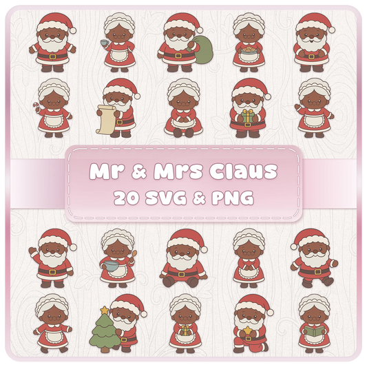 Mr and Mrs Claus SVG and PNG clipart bundle featuring 20 cute Christmas Santa and Mrs Claus characters with gifts, cookies, Santa sack, Christmas tree, book and festive holiday poses.
