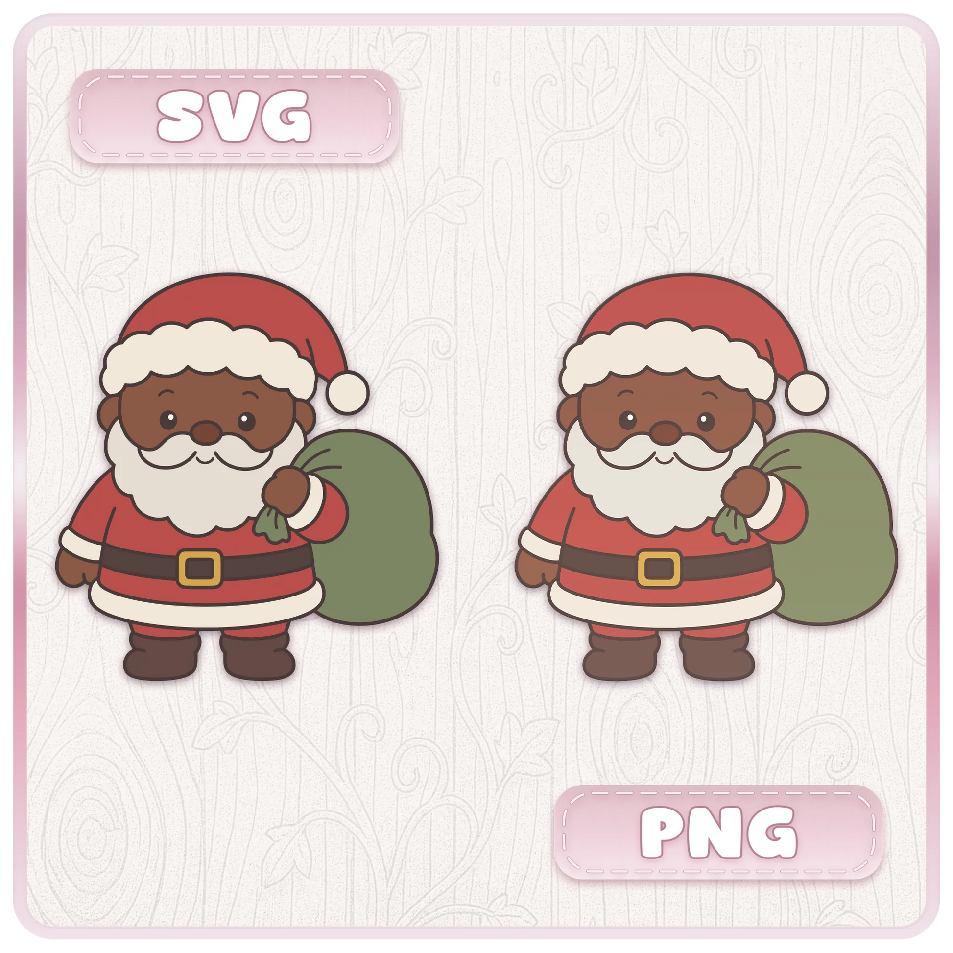 Christmas SVG and PNG bundle preview showing two cute brown skin Santa Claus characters carrying green gift sacks with festive red suits and cream trim.