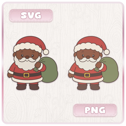 Christmas SVG and PNG bundle preview showing two cute brown skin Santa Claus characters carrying green gift sacks with festive red suits and cream trim.