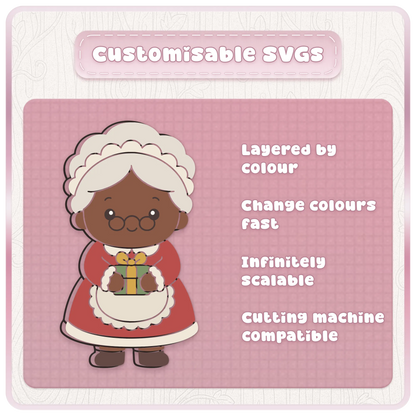 Customisable Mrs Claus Christmas SVG showing a cute brown skin Mrs Claus holding a wrapped present with layered by colour, scalable and cutting machine compatible features.