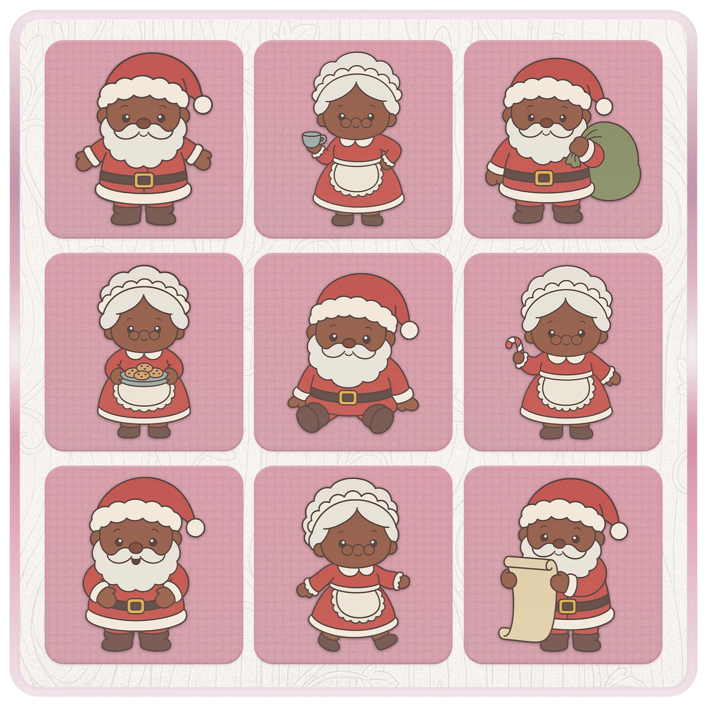 Mr and Mrs Santa Claus Christmas clipart bundle preview featuring nine cute SVG and PNG character designs including Santa, Mrs Claus, cookies, candy cane and gift sack.