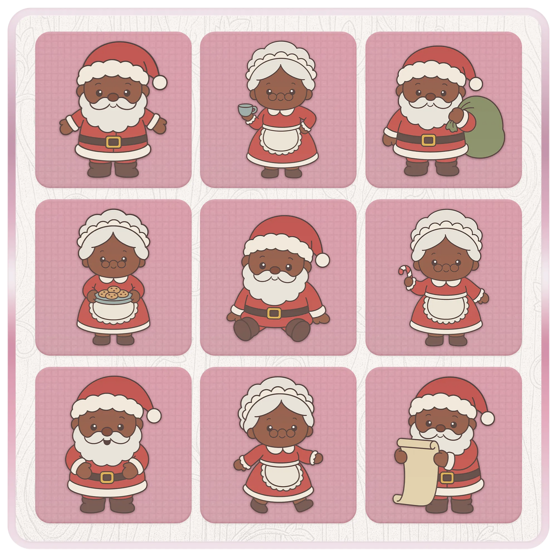 Mr and Mrs Santa Claus Christmas clipart bundle preview featuring nine cute SVG and PNG character designs including Santa, Mrs Claus, cookies, candy cane and gift sack.