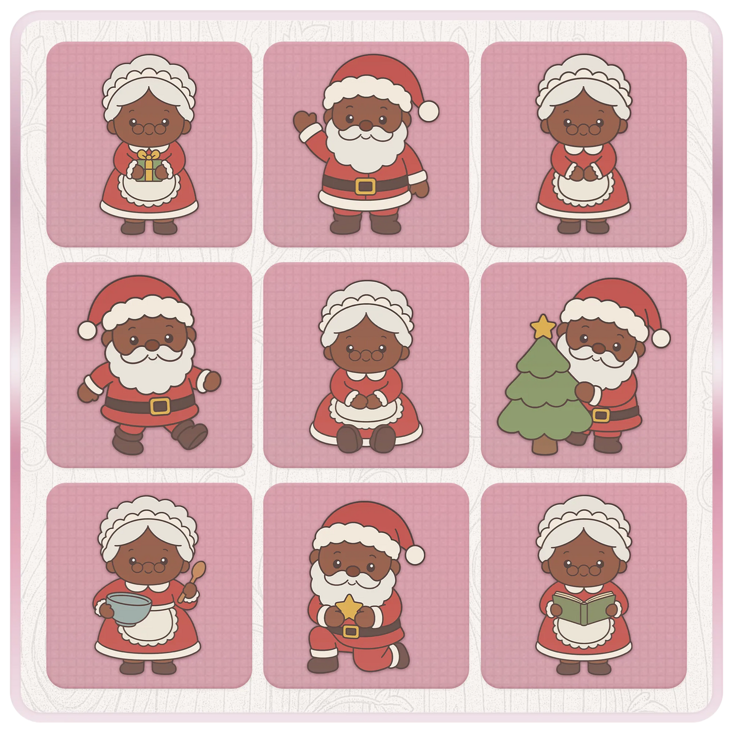Cute Christmas SVG bundle preview with nine Santa and Mrs Claus designs including Christmas tree, mixing bowl, book, star and festive standing and sitting poses.