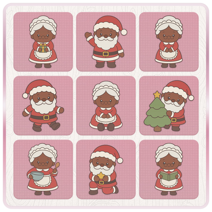 Cute Christmas SVG bundle preview with nine Santa and Mrs Claus designs including Christmas tree, mixing bowl, book, star and festive standing and sitting poses.