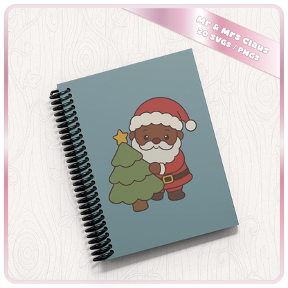Christmas Santa SVG mockup on a blue spiral notebook featuring a cute brown skin Santa Claus holding a decorated Christmas tree from the 20 design SVG and PNG bundle.