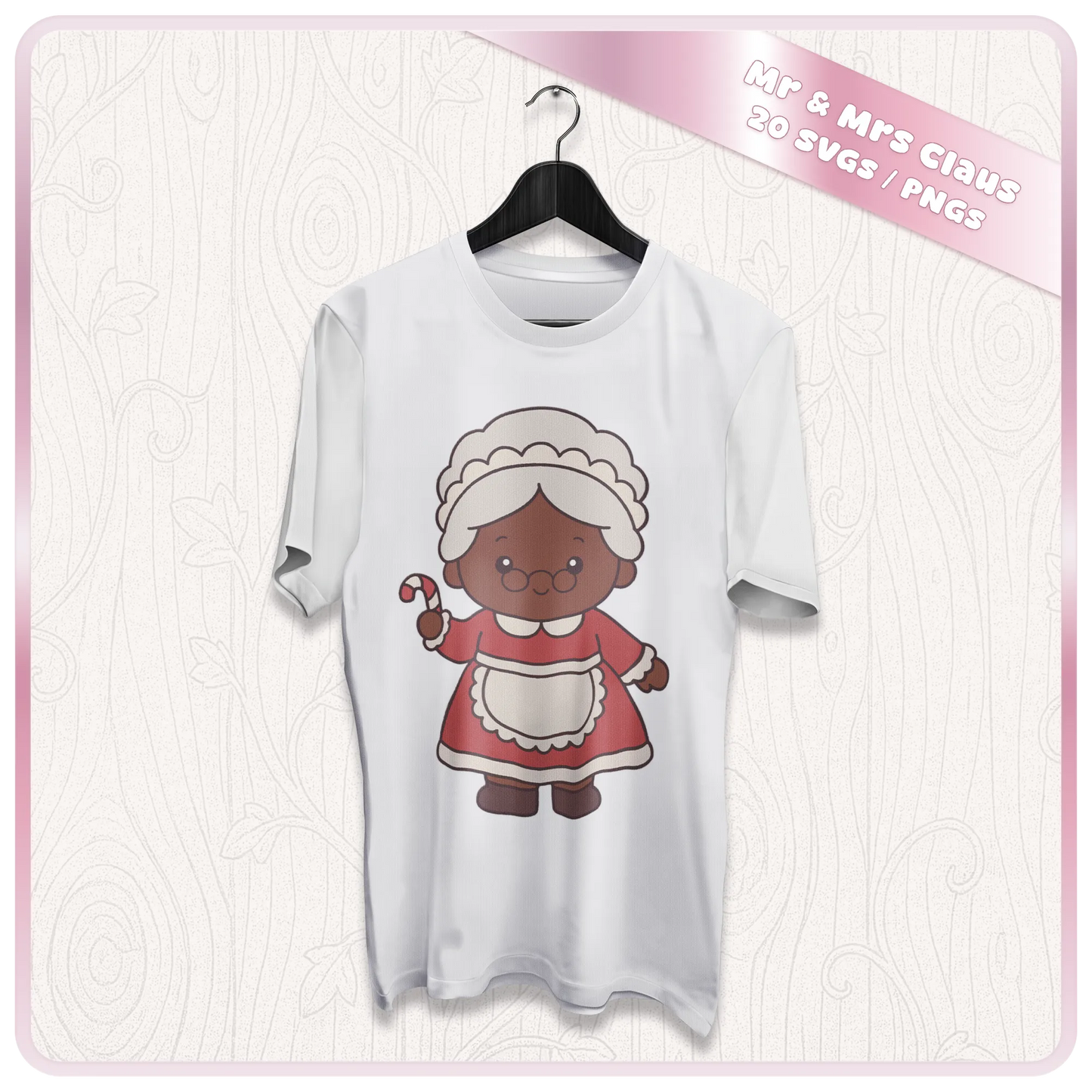 Mrs Claus Christmas PNG and SVG mockup printed on a white T-shirt showing a cute brown skin Mrs Claus holding a candy cane in a red festive dress.