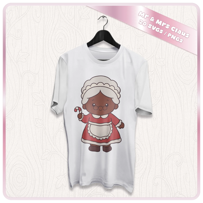 Mrs Claus Christmas PNG and SVG mockup printed on a white T-shirt showing a cute brown skin Mrs Claus holding a candy cane in a red festive dress.