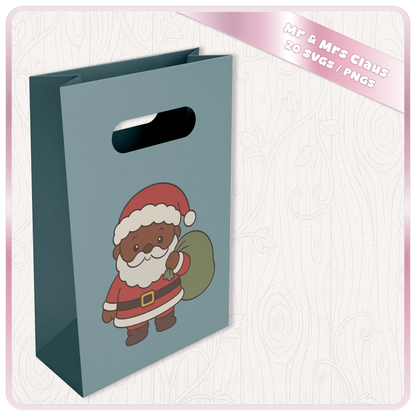 Santa Claus Christmas SVG mockup on a blue gift bag featuring cute brown skin Santa carrying a green Christmas sack from the 20 SVG and PNG clipart bundle.