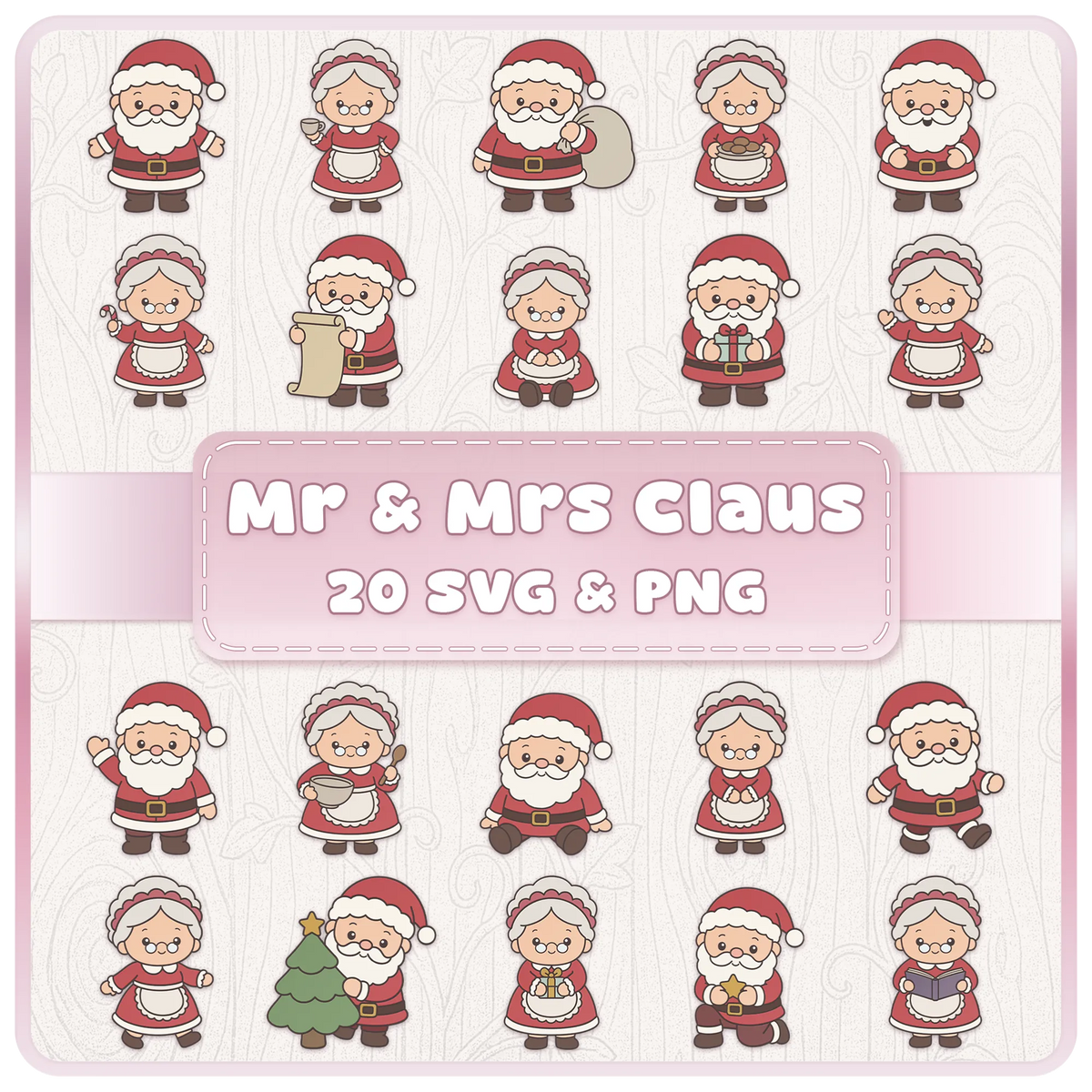 Mr and Mrs Santa Claus SVG PNG Christmas clipart bundle featuring 20 cute cartoon Santa and Mrs Claus designs for festive crafts.