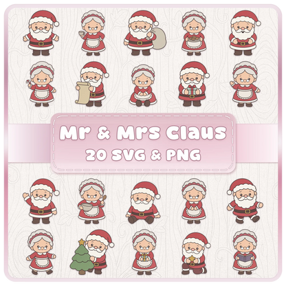 Mr and Mrs Santa Claus SVG PNG Christmas clipart bundle featuring 20 cute cartoon Santa and Mrs Claus designs for festive crafts.