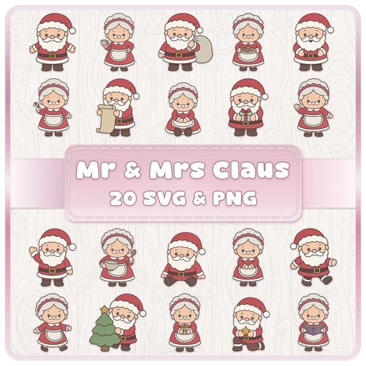 Mr and Mrs Santa Claus SVG PNG Christmas clipart bundle featuring 20 cute cartoon Santa and Mrs Claus designs for festive crafts.