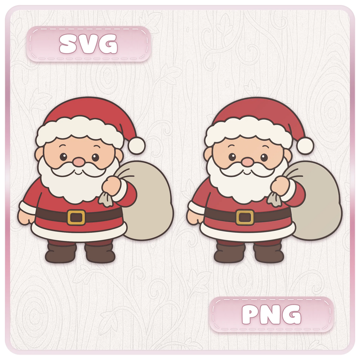 Cute Santa Claus holding a Christmas sack, shown in SVG and PNG formats from the Mr and Mrs Claus Christmas digital clipart bundle.