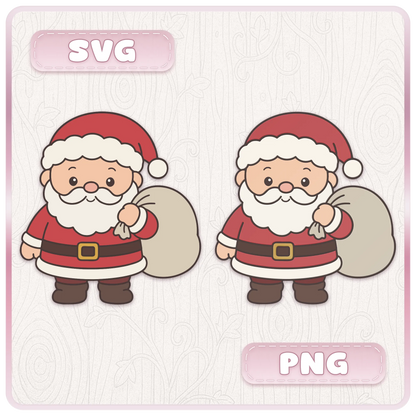 Cute Santa Claus holding a Christmas sack, shown in SVG and PNG formats from the Mr and Mrs Claus Christmas digital clipart bundle.
