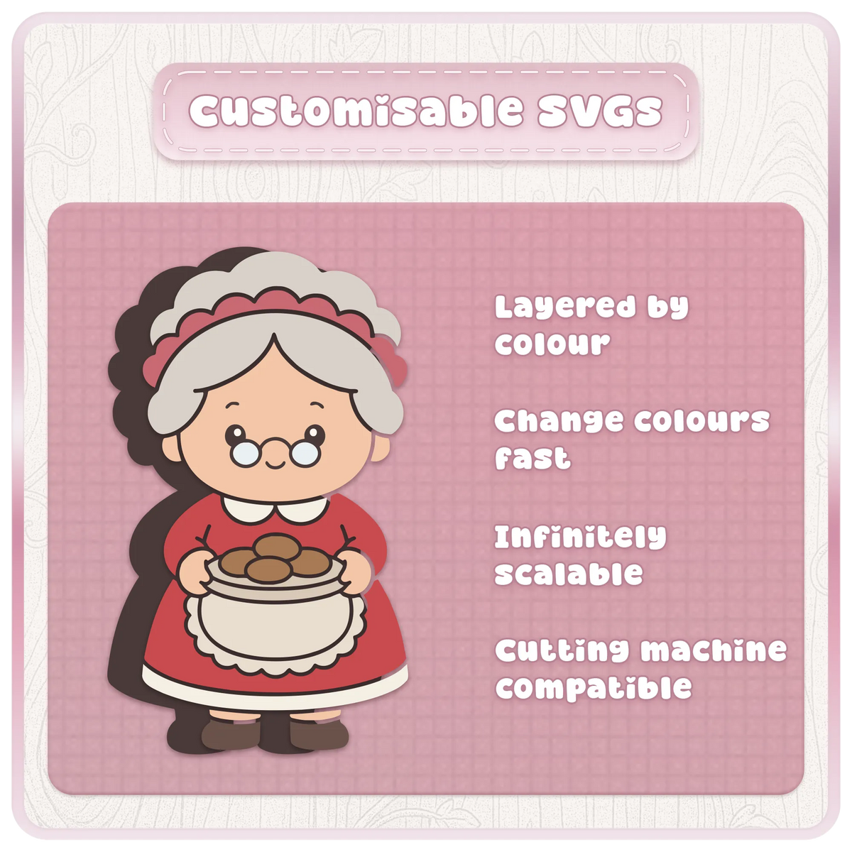 Customisable Mrs Claus SVG cut file holding Christmas cookies, with layered colours for easy editing and Cricut or Silhouette crafts.