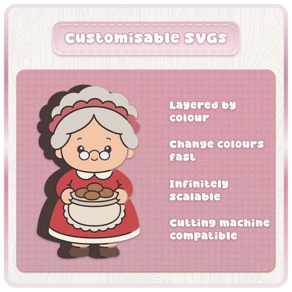 Customisable Mrs Claus SVG cut file holding Christmas cookies, with layered colours for easy editing and Cricut or Silhouette crafts.