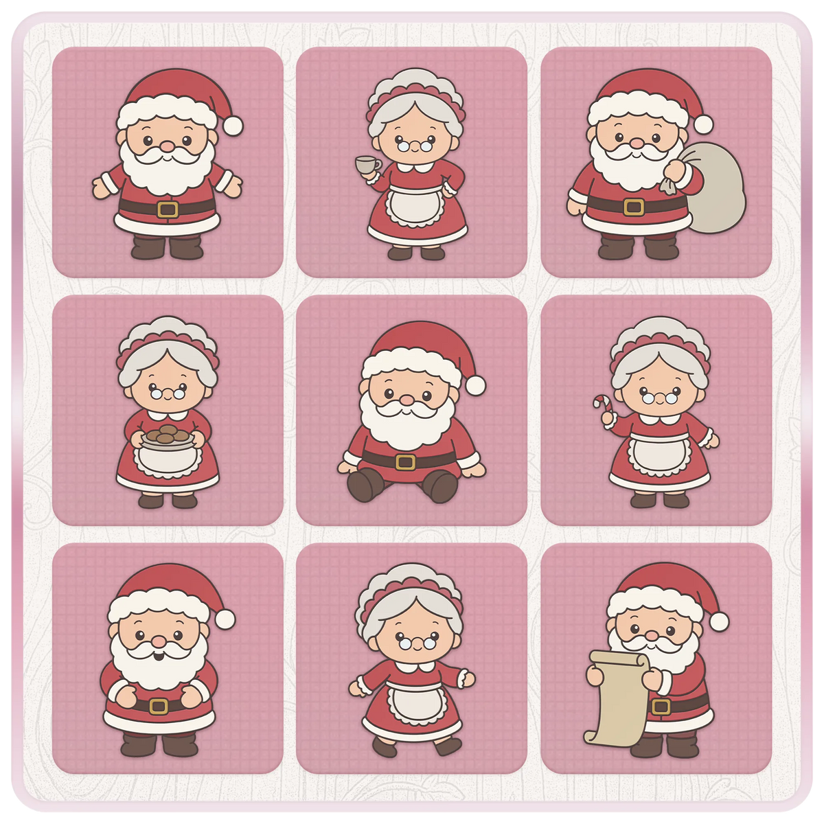 Nine cute Christmas SVG and PNG clipart designs featuring Santa and Mrs Claus with gifts, cookies, candy cane and Christmas list.