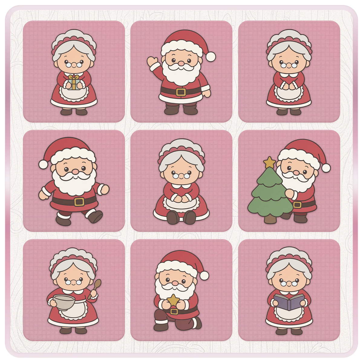 Nine festive Mr and Mrs Claus clipart illustrations featuring waving Santa, Christmas tree, presents, mixing bowl, star and storybook.