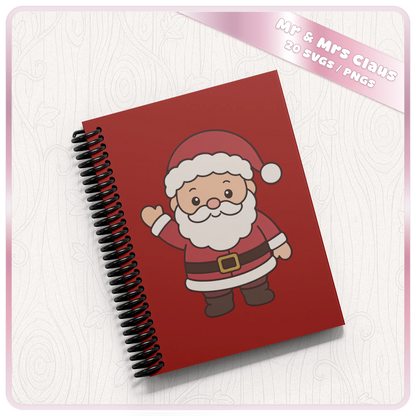 Cute waving Santa Claus Christmas PNG clipart design displayed on a red spiral notebook, showing a festive craft project idea.