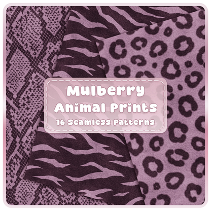 Mulberry animal print seamless patterns JPG bundle featuring leopard, zebra and snakeskin digital papers