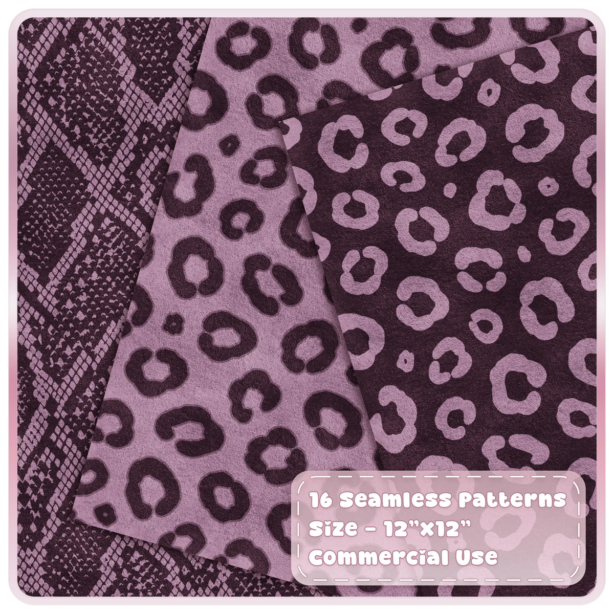 Pink mulberry leopard print and snakeskin seamless patterns for digital paper and craft projects