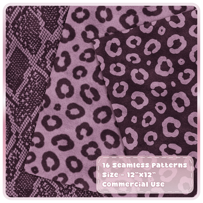 Pink mulberry leopard print and snakeskin seamless patterns for digital paper and craft projects
