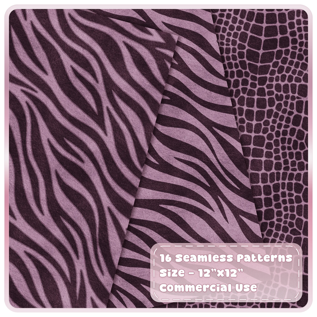 Mulberry zebra stripe and crocodile skin seamless animal print digital paper patterns