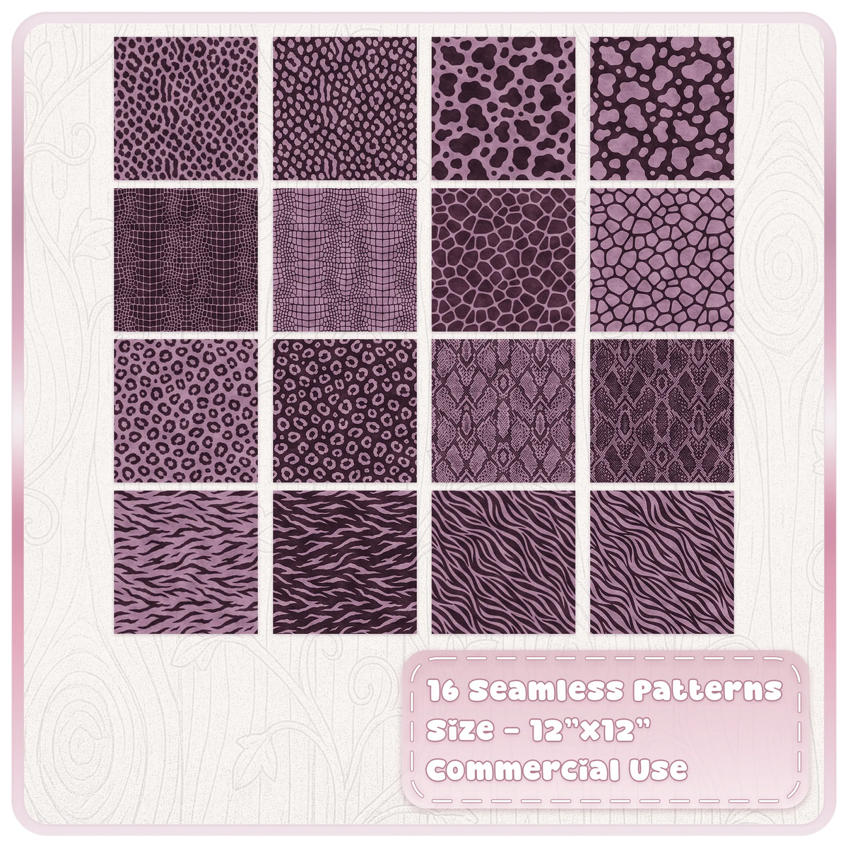 Collection of 16 mulberry animal print seamless JPG patterns including leopard zebra snake and crocodile