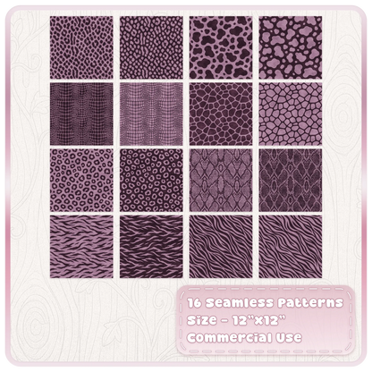 Collection of 16 mulberry animal print seamless JPG patterns including leopard zebra snake and crocodile