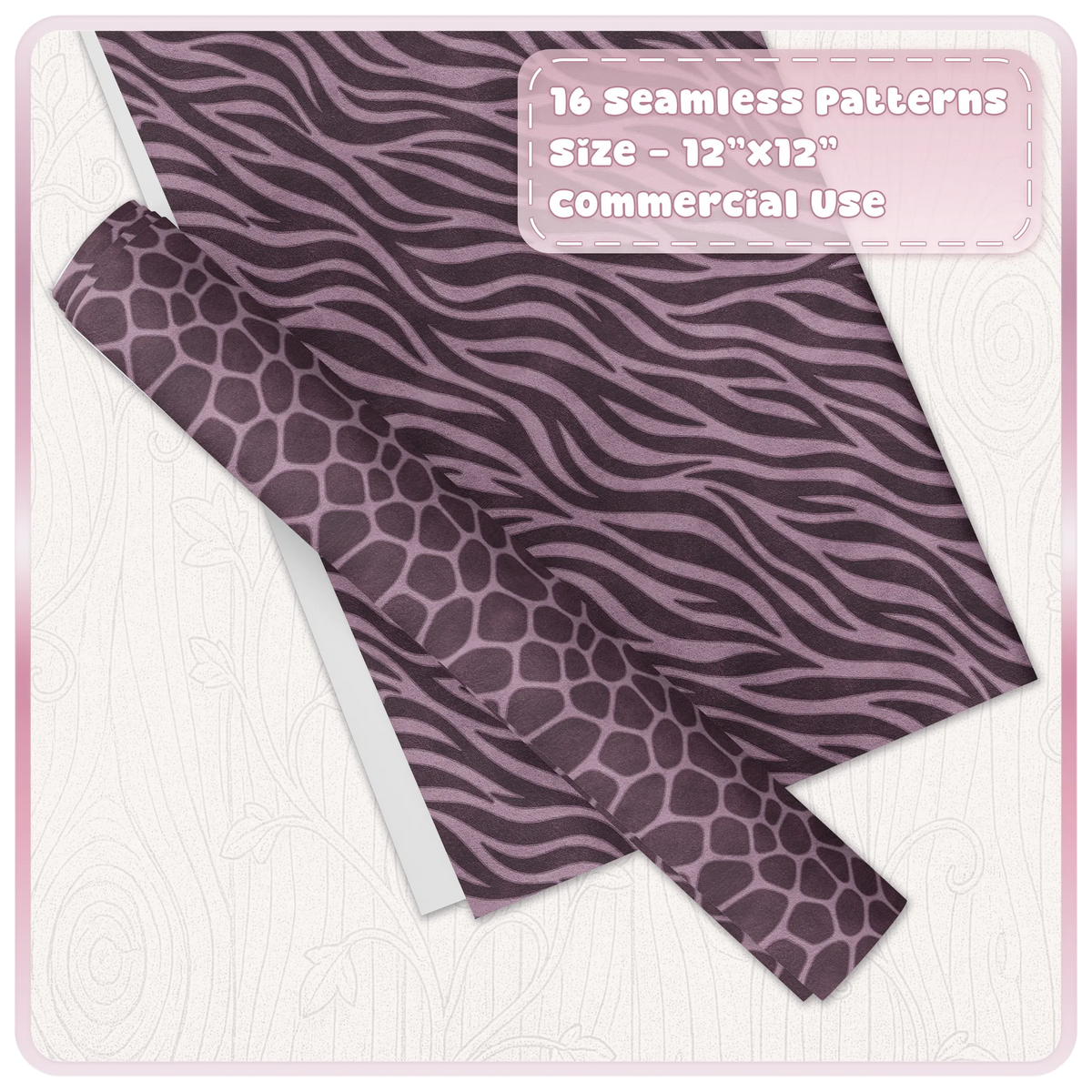Mulberry zebra and reptile seamless animal print digital papers shown in coordinating pattern mockup