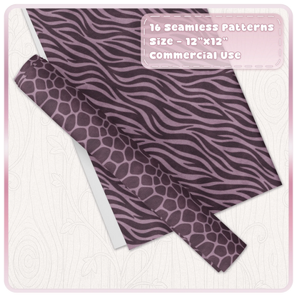 Mulberry zebra and reptile seamless animal print digital papers shown in coordinating pattern mockup
