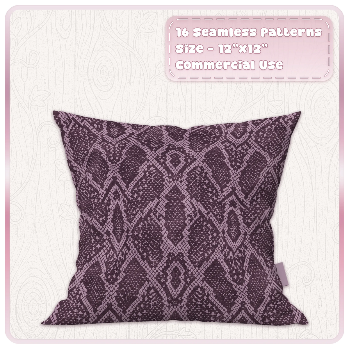 Mulberry snakeskin seamless animal print pattern displayed on decorative cushion mockup