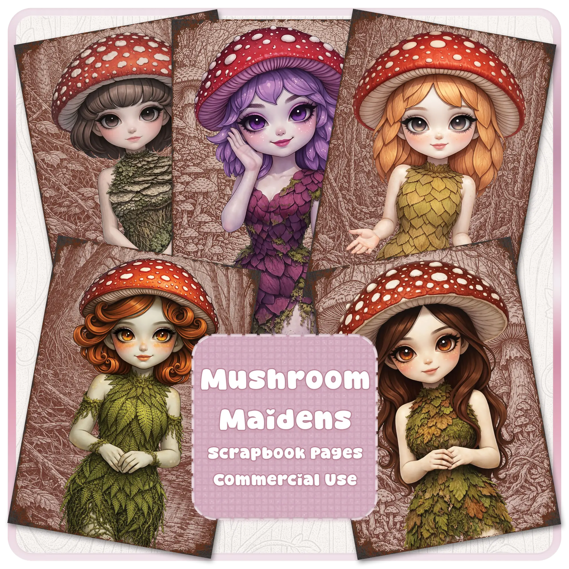 Mushroom maidens scrapbook pages bundle featuring cute fantasy fairy girls with red toadstool hats, woodland backgrounds, and printable journal designs for commercial use