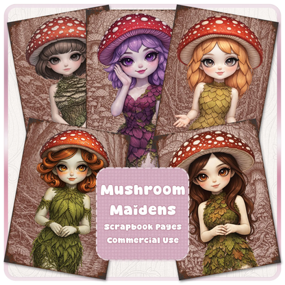 Mushroom maidens scrapbook pages bundle featuring cute fantasy fairy girls with red toadstool hats, woodland backgrounds, and printable journal designs for commercial use