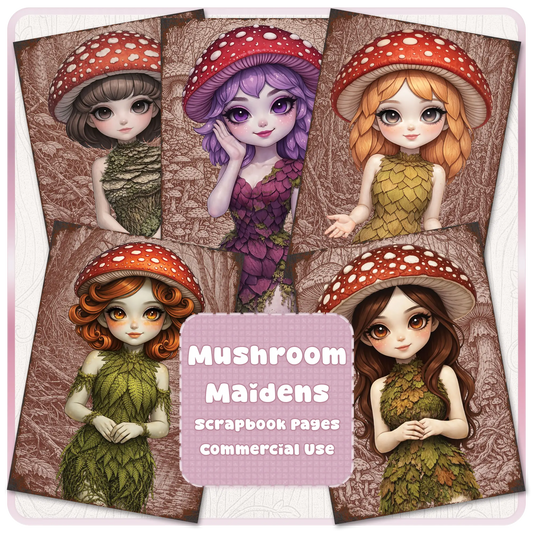 Mushroom maidens scrapbook pages bundle featuring cute fantasy fairy girls with red toadstool hats, woodland backgrounds, and printable journal designs for commercial use