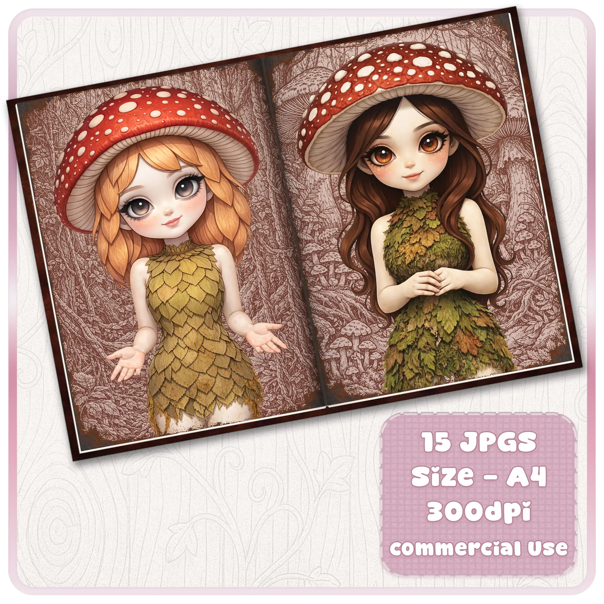 Printable mushroom fairy scrapbook pages with two cute woodland girls wearing toadstool hats and leaf dresses, A4 size 300 DPI digital download