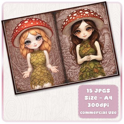 Printable mushroom fairy scrapbook pages with two cute woodland girls wearing toadstool hats and leaf dresses, A4 size 300 DPI digital download